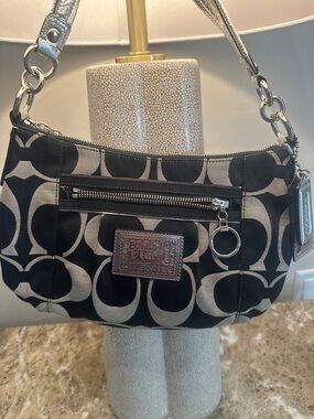 Coach Black and Beige Signature Canvas Shoulder Bag with Silver Strap